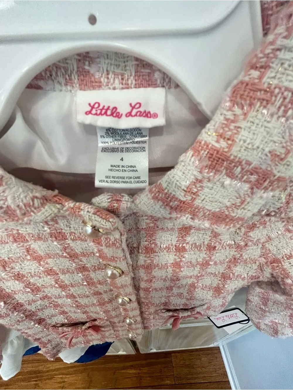 Pink & White Tweed jacket and jeans Set with White Ruffle Top - Picture 4 of 6